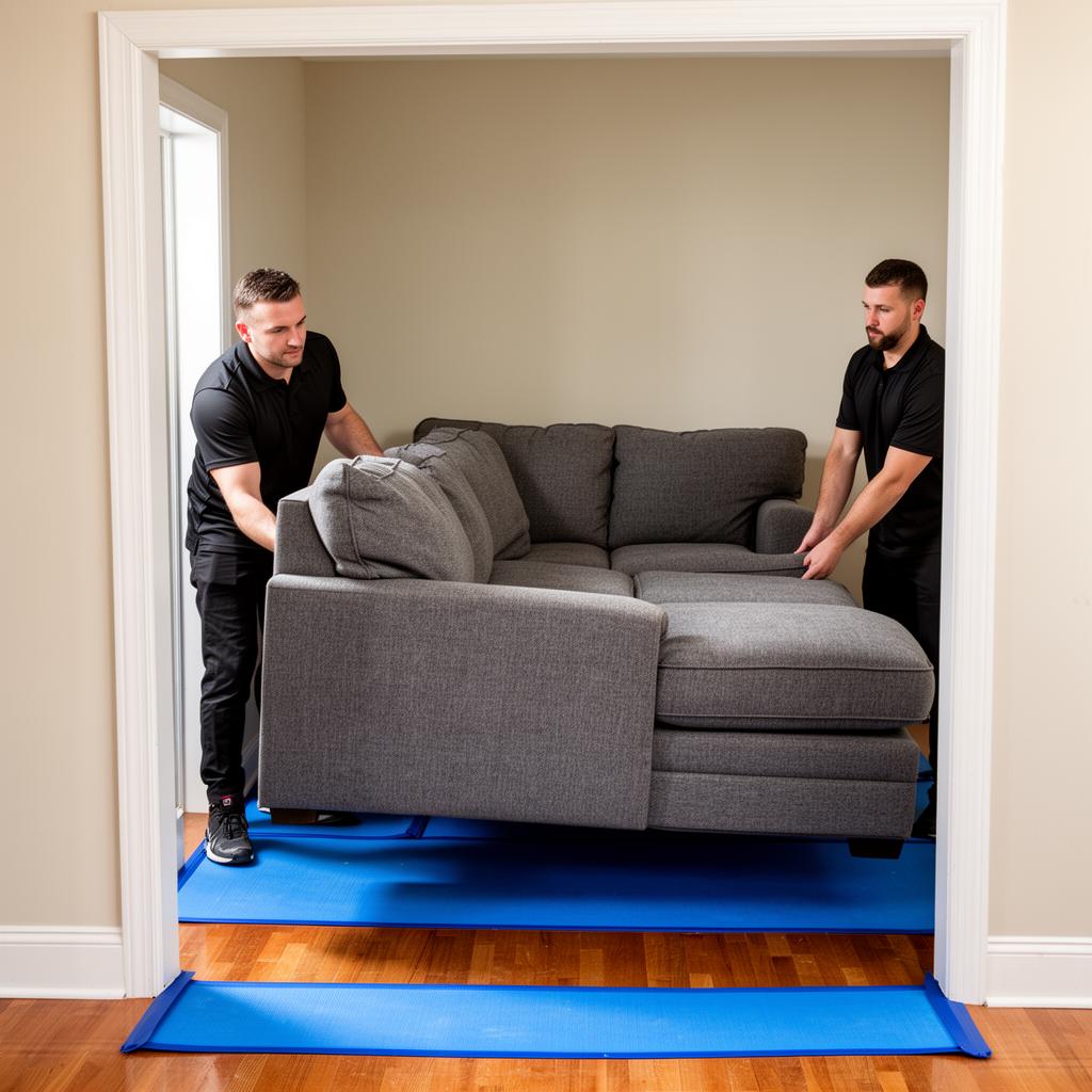 Movers easing a sectional sofa through a doorway with floor protection