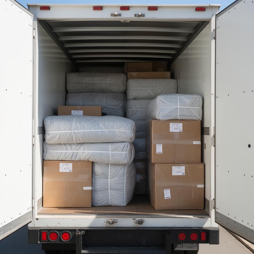 Tightly loaded white moving truck with stacked padded furniture