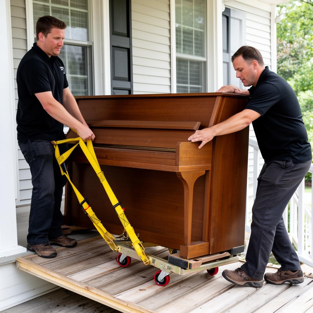 Two-person crew rolling an upright piano down a porch ramp